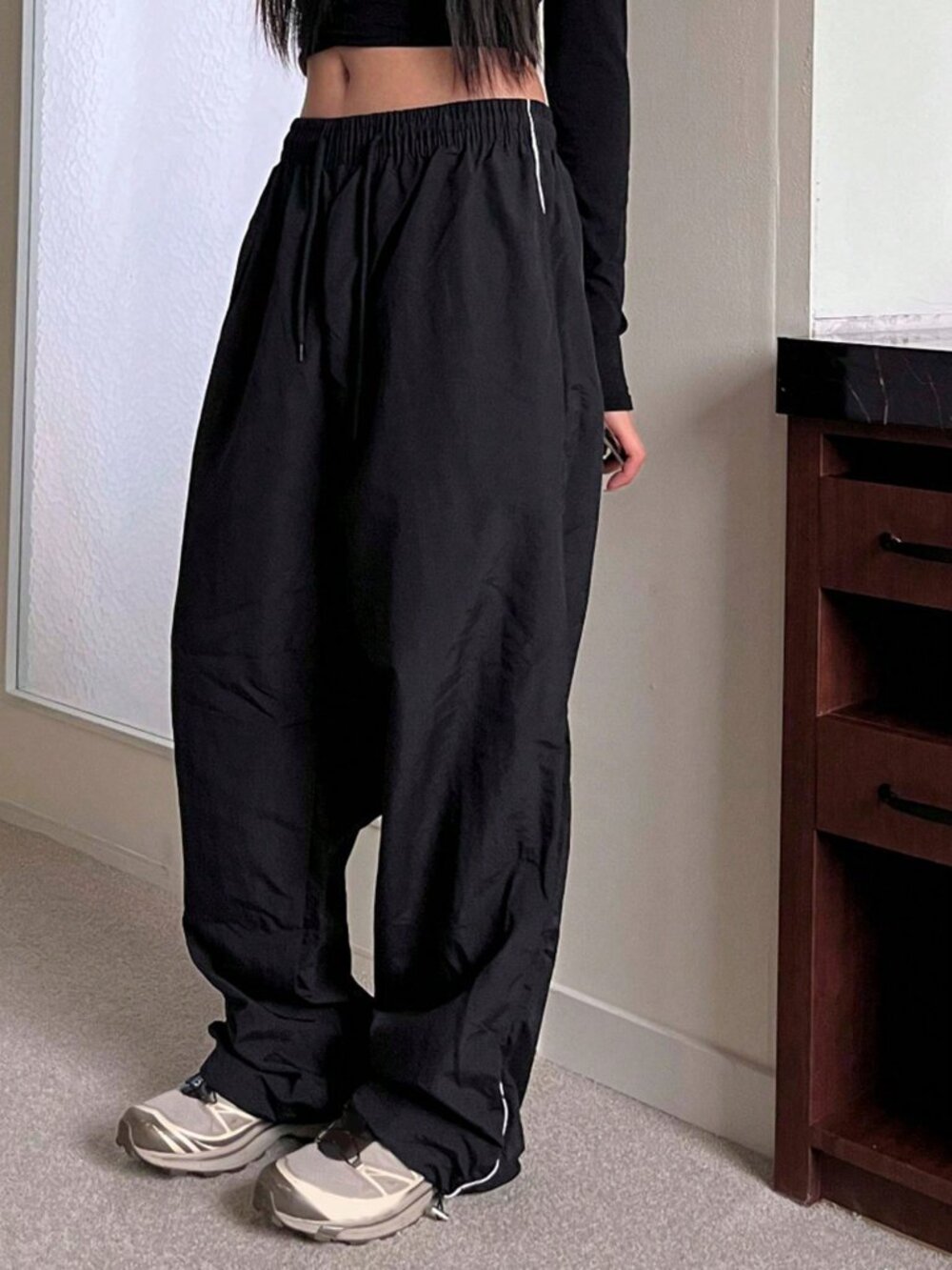 Black Casual Women's Loose Low Waist Baggy Long Pants - Picture 5 of 10